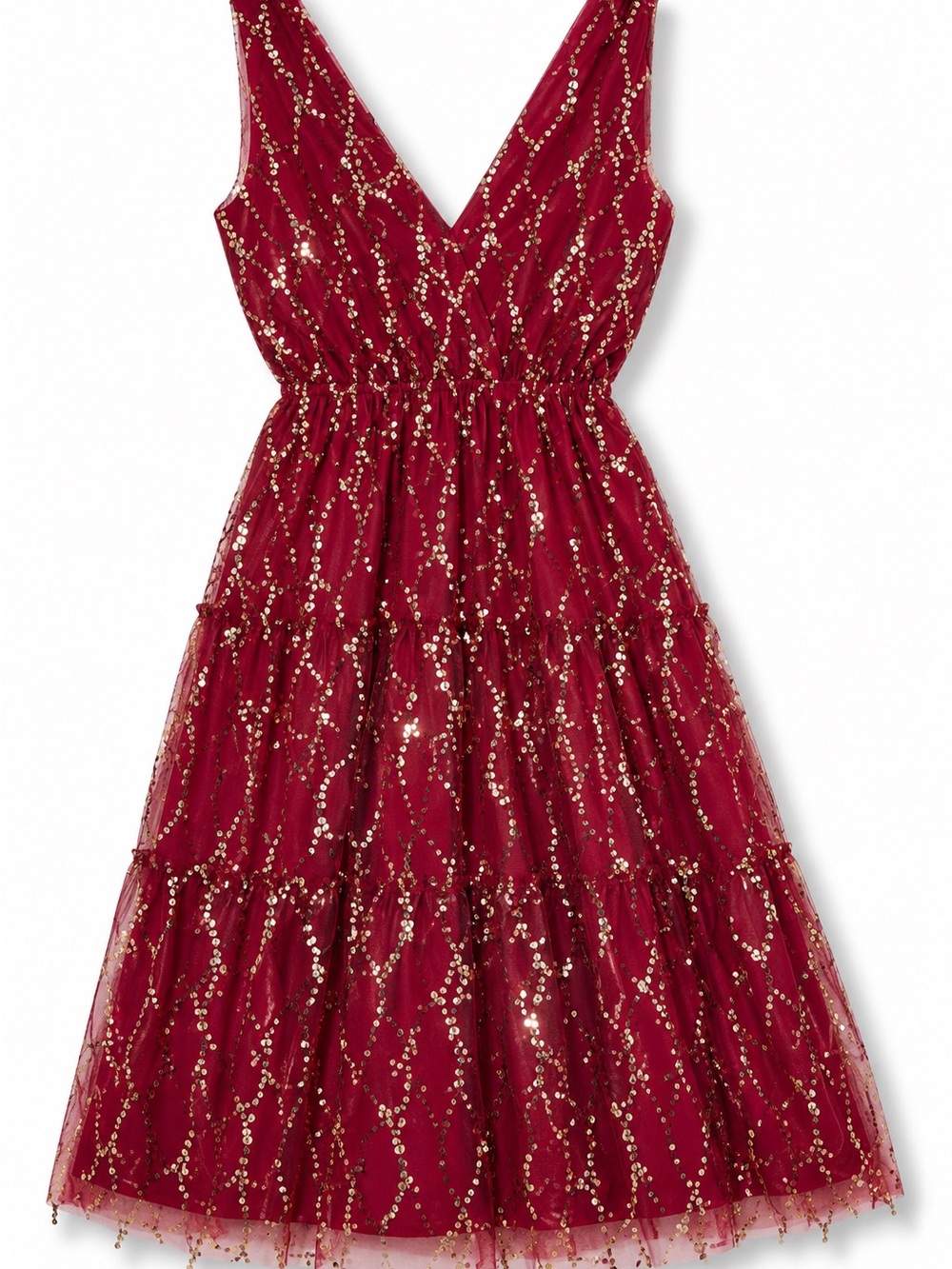 Women's Red Sequin Tiered V-Neck Party Dress